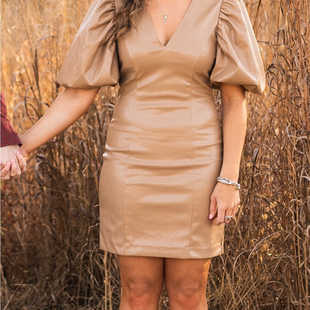 Endless Rose Tan Puff Sleeve Mini Dress